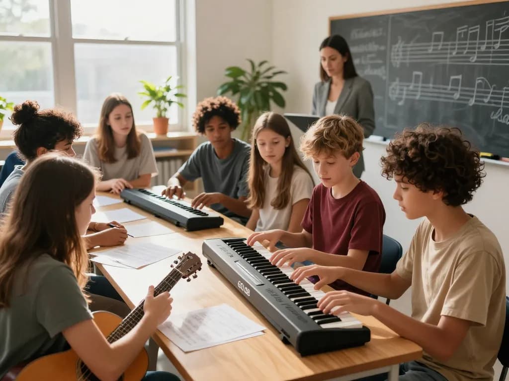 Students practicing on the GO 88 digital piano during a bright classroom session.