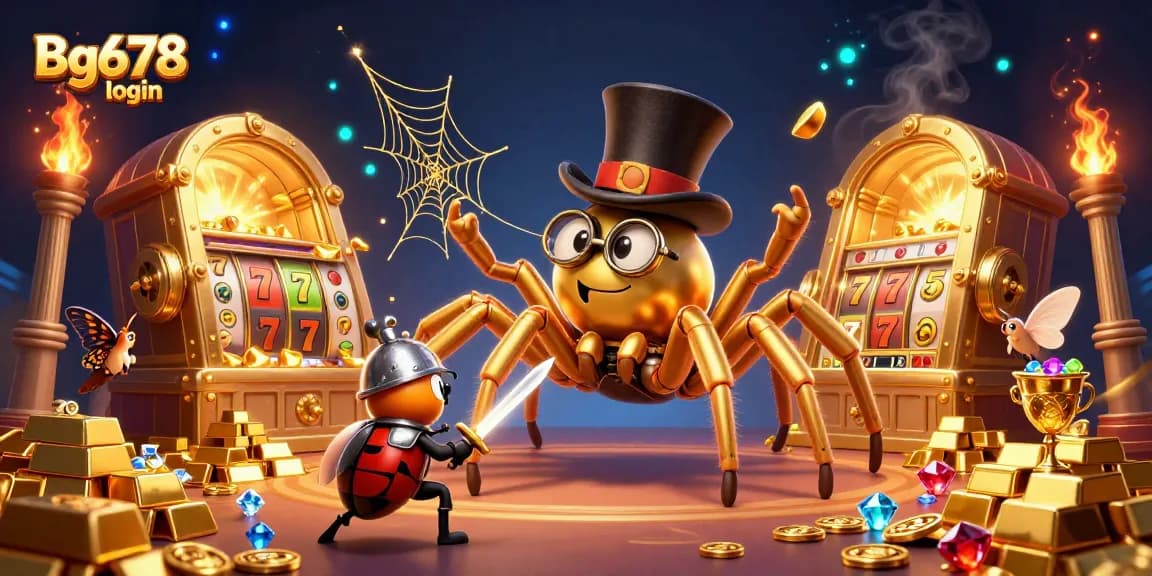 Experience Bg678 login with a vibrant 3D scene showcasing exciting slot games, characters, and treasures.