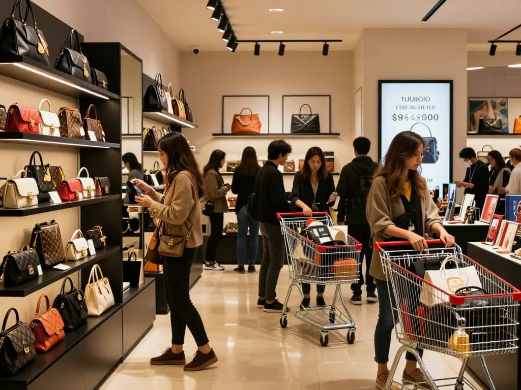 Shoppers exploring stylish products at a 레플리카 사이트 in a modern urban retail environment.