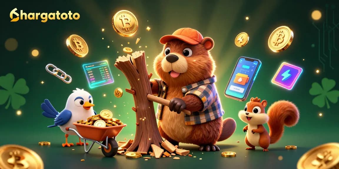 hargatoto features a 3D cartoon beaver in a casino scene collecting coins, showcasing fun gaming elements.