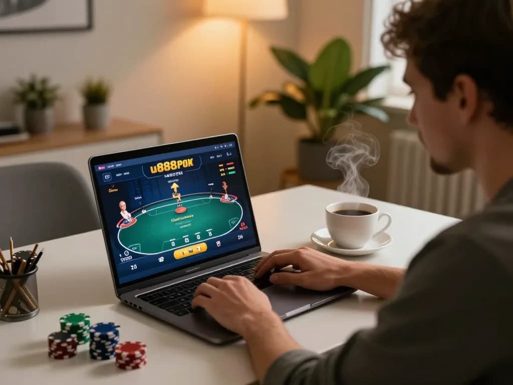 Engaged player using u888poker on laptop for online poker strategy session