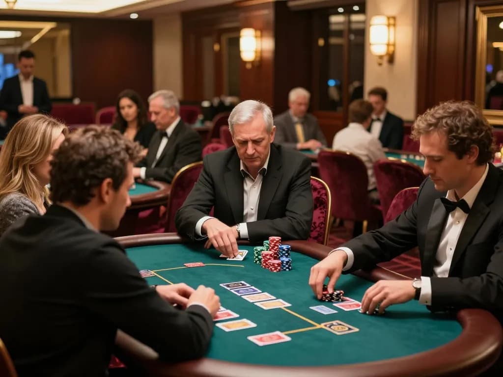 Pertandingan poker yang intens di kasino paris888 dengan pemain yang terlibat dan suasana yang elegan