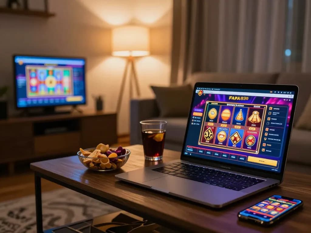 Engaging online gaming experience with FAFA828 platform on laptop and smartphone in cozy atmosphere