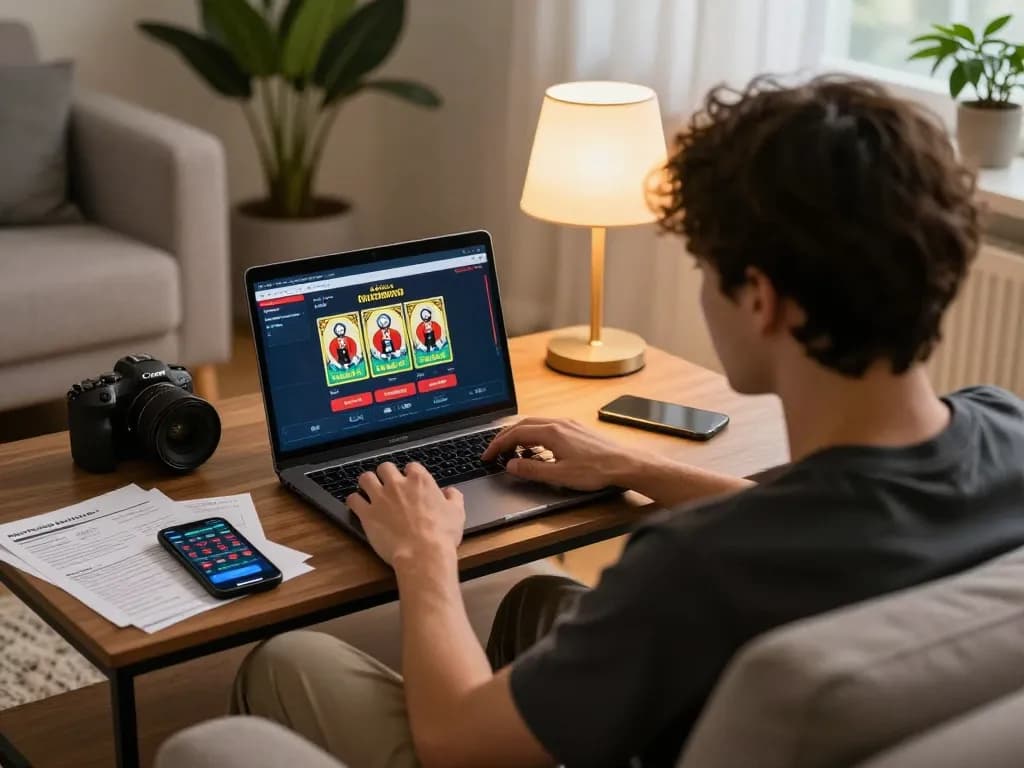 Engaging in เว็บสล็อต strategies with online gaming on a cozy home couch.