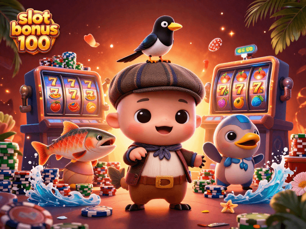 Experience the excitement of slot bonus 100 with Nessie and friends amid casino charm.