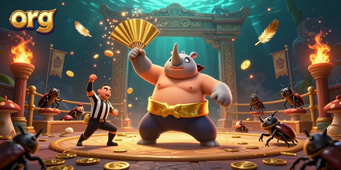 Experience the thrill of gaming at org as a rhinoceros beetle champion stomps to victory, sending coins flying.