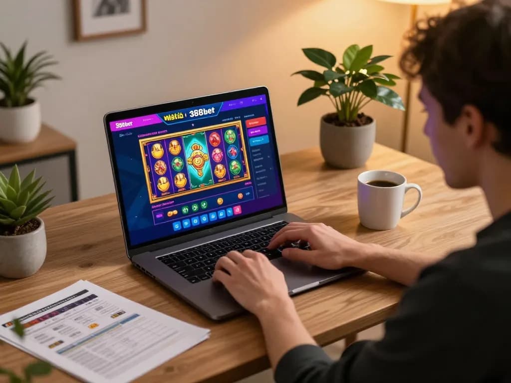 Engaging online gaming scene with a player using nhà cái 388bet platform for a modern gambling experience.