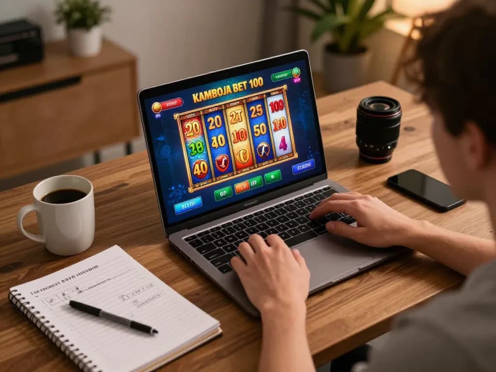 Engaging with slot kamboja bet 100 on laptop during a cozy online gaming session.