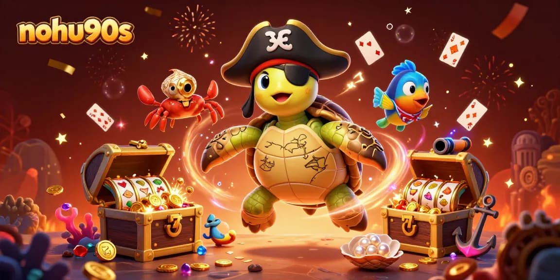 Nohu90s slot adventure with a cartoon pirate turtle and treasures amidst colorful underwater gems.