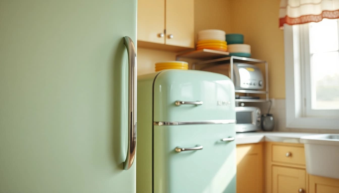Admiring a retro appliance fridgerator in a vintage kitchen setting.