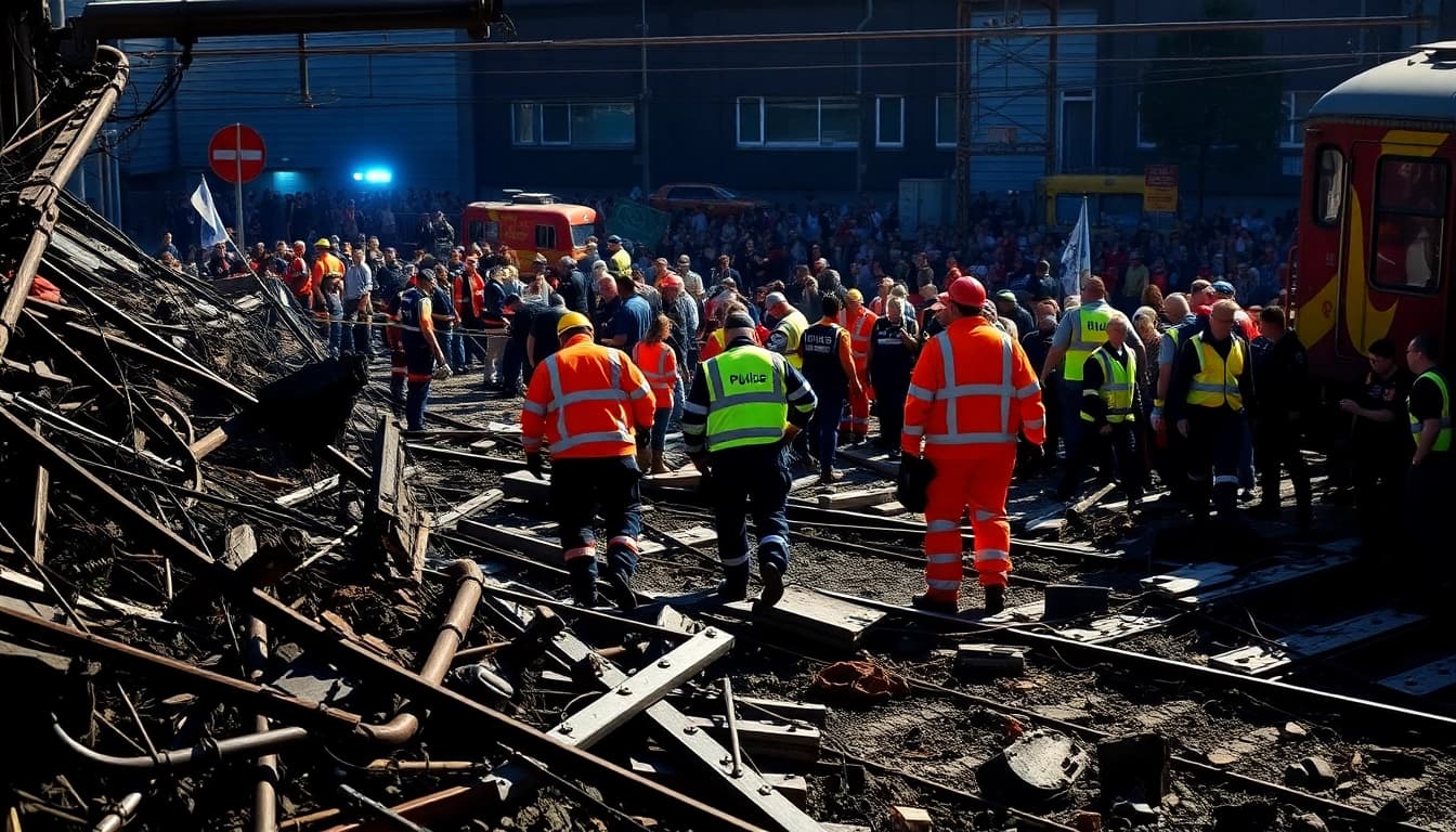 Emergency responders at the scene of the spain train crash, surrounded by twisted wreckage and chaos.