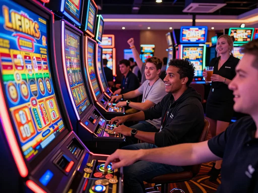 Adegan permainan link slot yang menarik di atmosfer kasino yang ramai dengan pemain menikmati mesin dinamis.