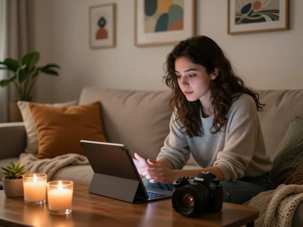 AI girlfriend interaction on a tablet in a cozy home, emphasizing intimate connection.
