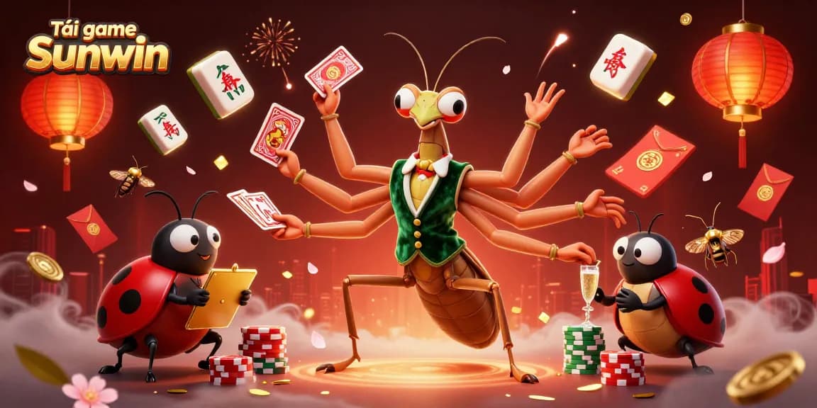 Tải game Sunwin with a dynamic 3D cartoon casino scene featuring a mantis card sharp, ladybug pit boss, and game elements.