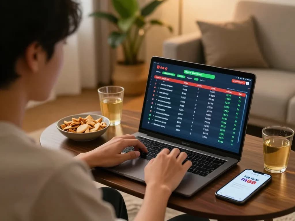 Tham gia kèo nhà cái m88 cá cược thể thao trên laptop trong một phòng khách ấm cúng.