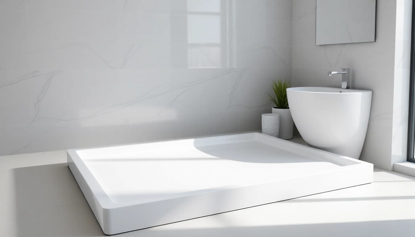 Showcase a modern shower base design in a stylish bathroom setting emphasizing sleek lines and smooth textures.