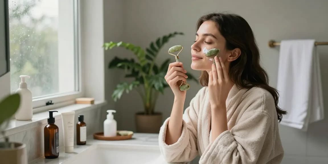 Fată tânără aplicând cremă de îngrijire a pielii în o baie modernă.