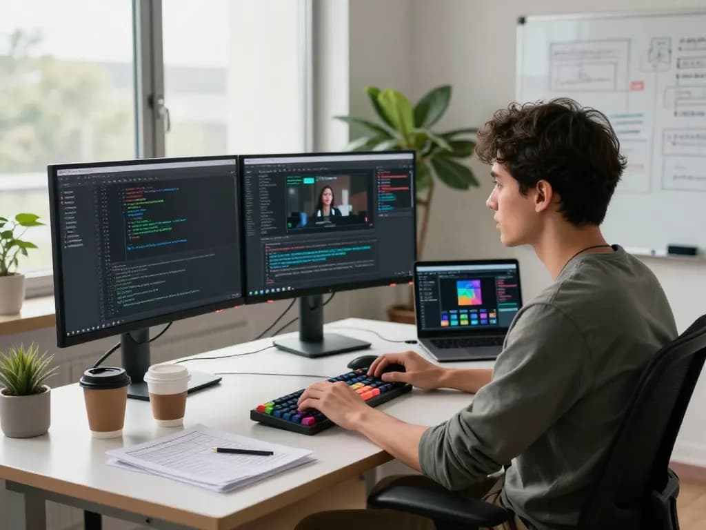 A software developer using the video to promptgenerator tool in a modern workspace surrounded by monitors and tech decor.