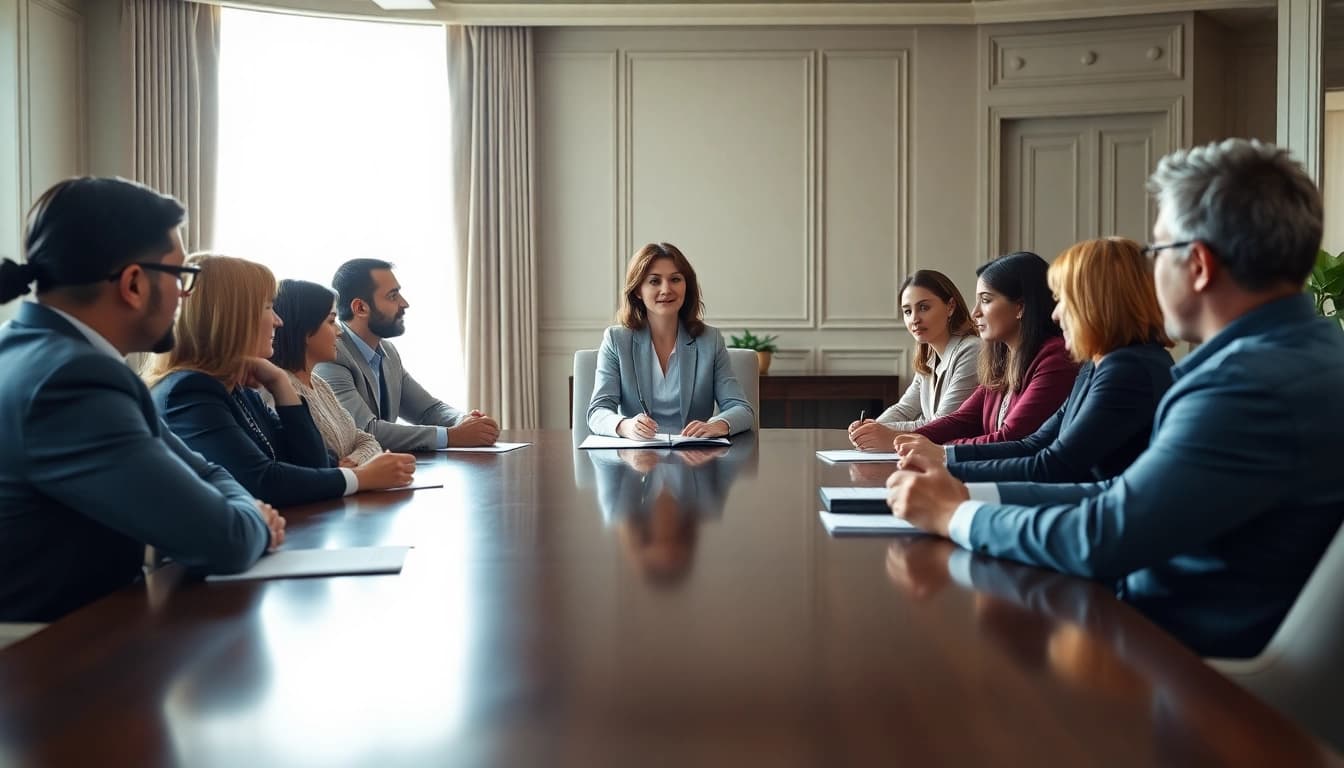Mediation session with diverse individuals in a conference room, highlighting collaboration and professionalism.