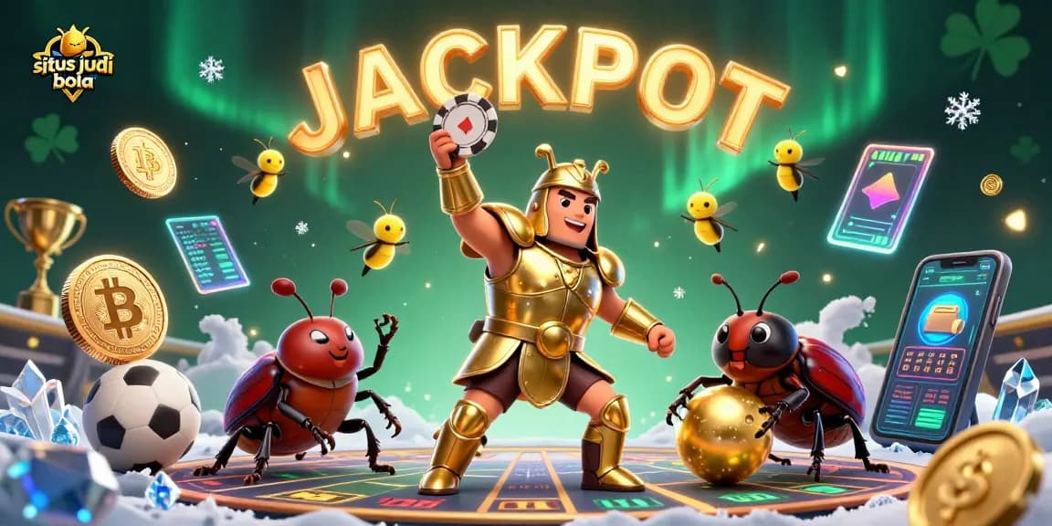 Engage in situs judi bola fun as a heroic beetle celebrates betting wins with a glowing jackpot.