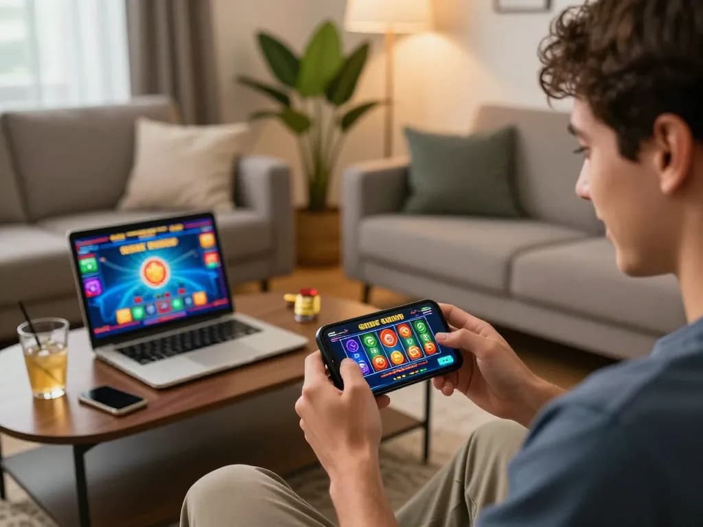 Engaging in online situs slot gaming on a smartphone in a cozy home setting