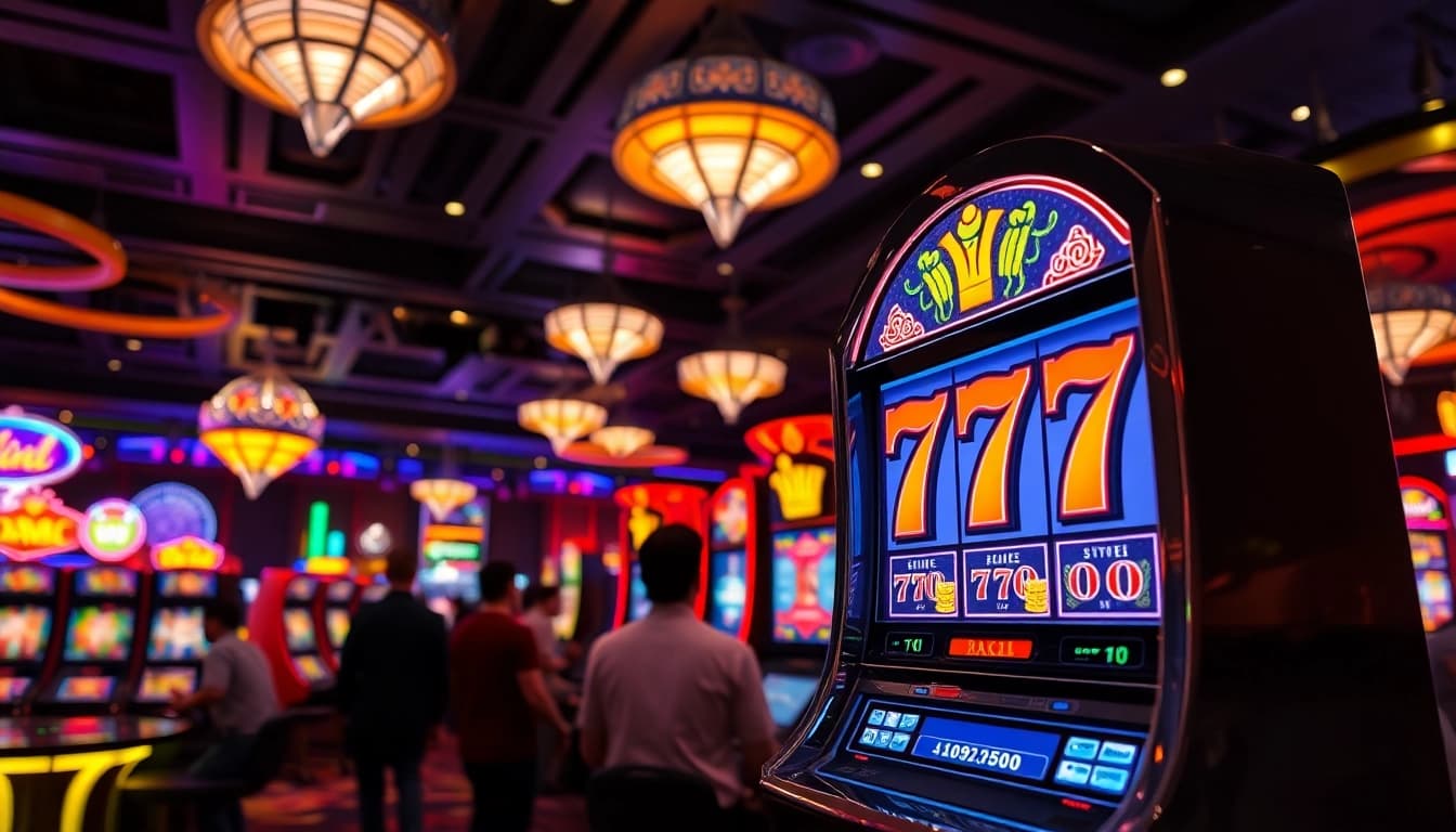 Permainan slot 777 di kasino yang penuh warna dengan pemain yang menikmati permainan.