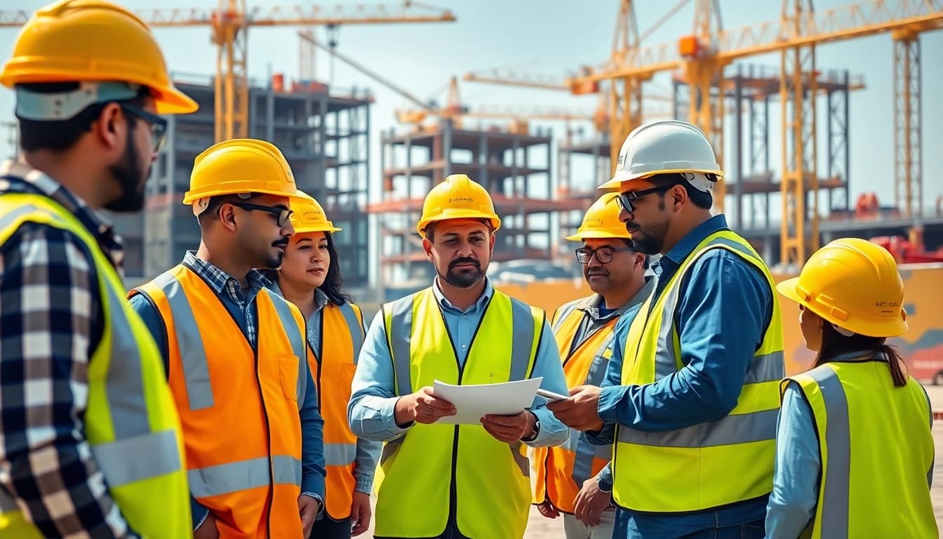 Workers in construction safety programs demonstrating teamwork on a busy site.