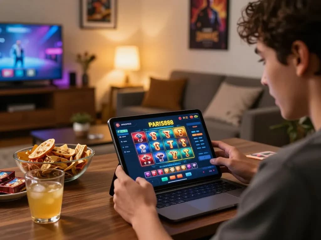 Player engaging with Paris888's online slots and poker in a cozy home setting.