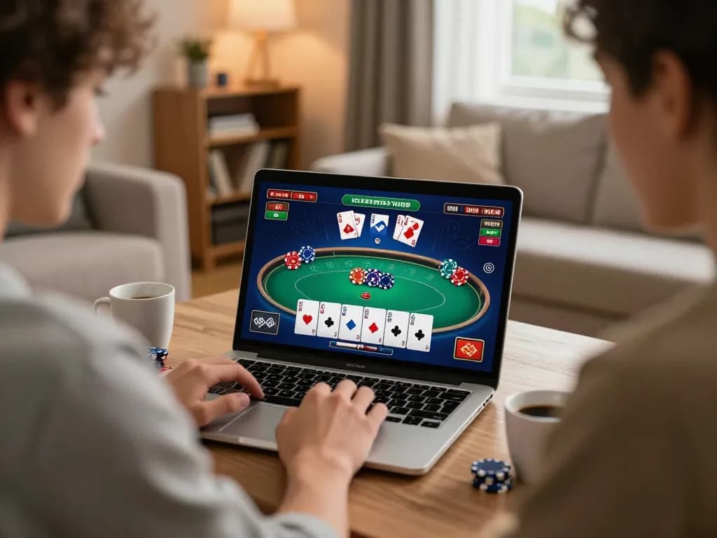 A person gaming on a laptop at home, focusing on poker at https://n188.build/, enjoying a comfortable environment.