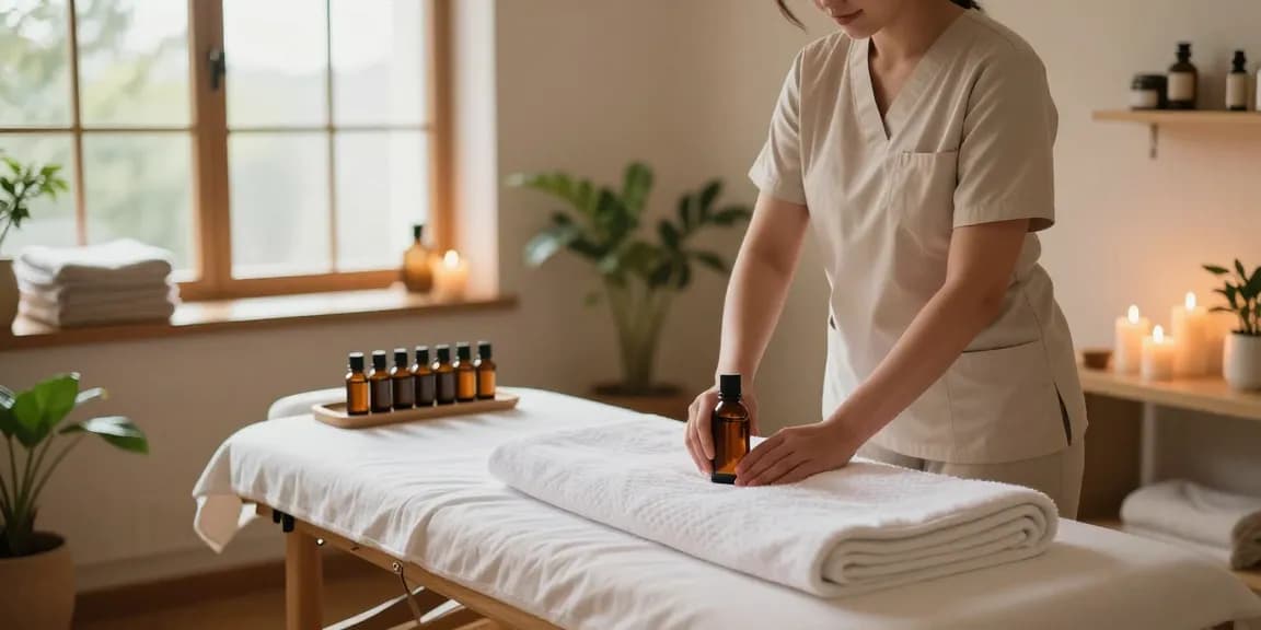 A tranquil Swedish massage environment with a therapist preparing essential oils and towels in a soothing, well-lit spa.