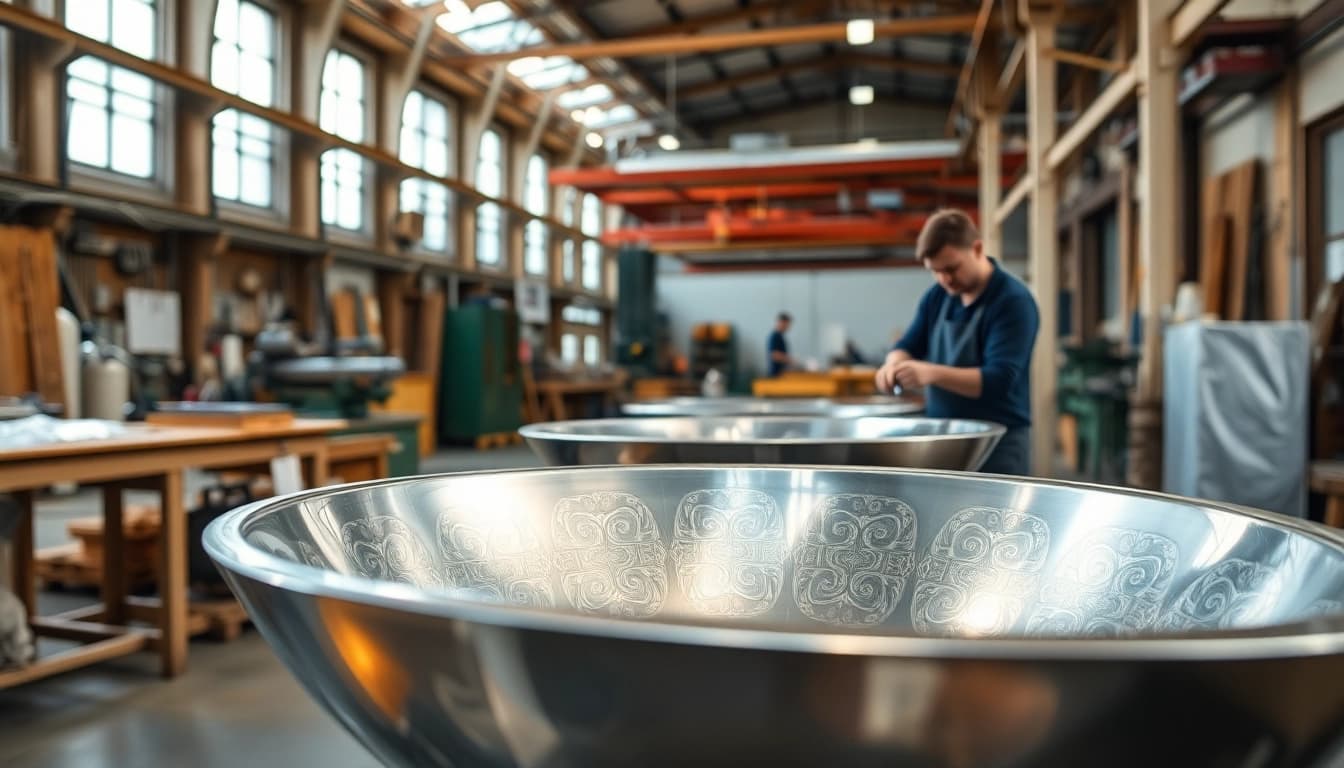 Crafting stainless steel basins in a busy factory with skilled artisans at work.