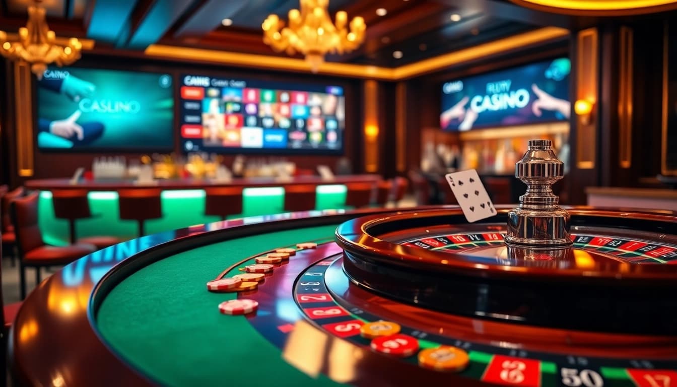 Scène captivante de casino en ligne France mettant en valeur une élégante table de roulette et une atmosphère de jeu vibrante.
