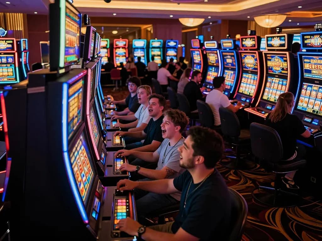 Players celebrating big wins at vibrant slot machines in a lively casino.