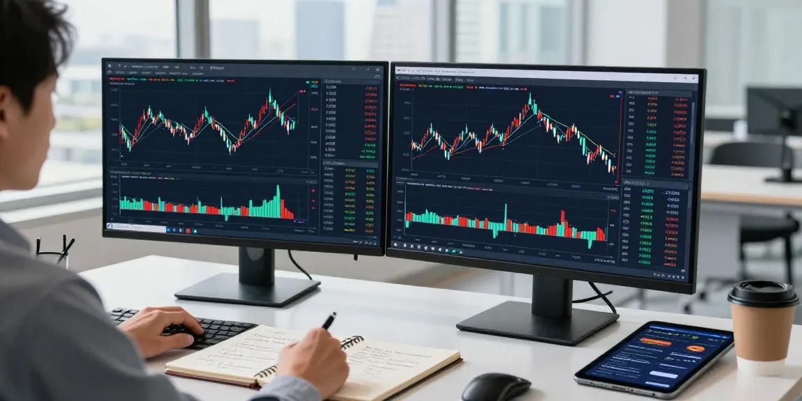 Trader analyzing market trends using mt5 on dual screens in a bright professional environment.
