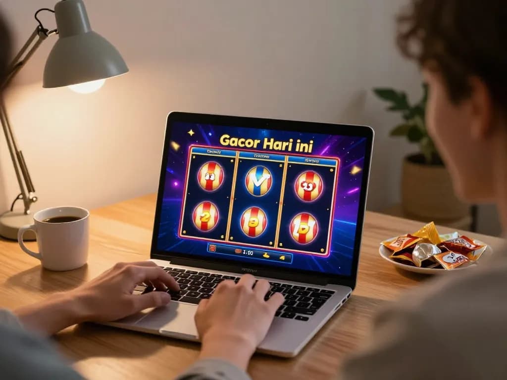Engaged player enjoying slot gacor hari ini on laptop in cozy home setting while tracking gaming strategies.