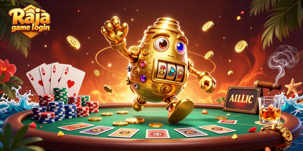 Engage in exciting gameplay with Raja game login, featuring a golden golem and vibrant poker elements.