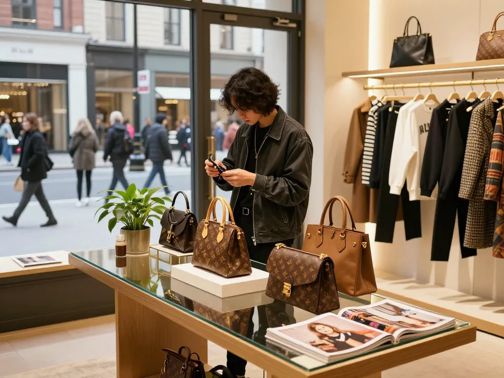 Stylish person exploring luxury 레플리카 bags in a chic urban boutique.