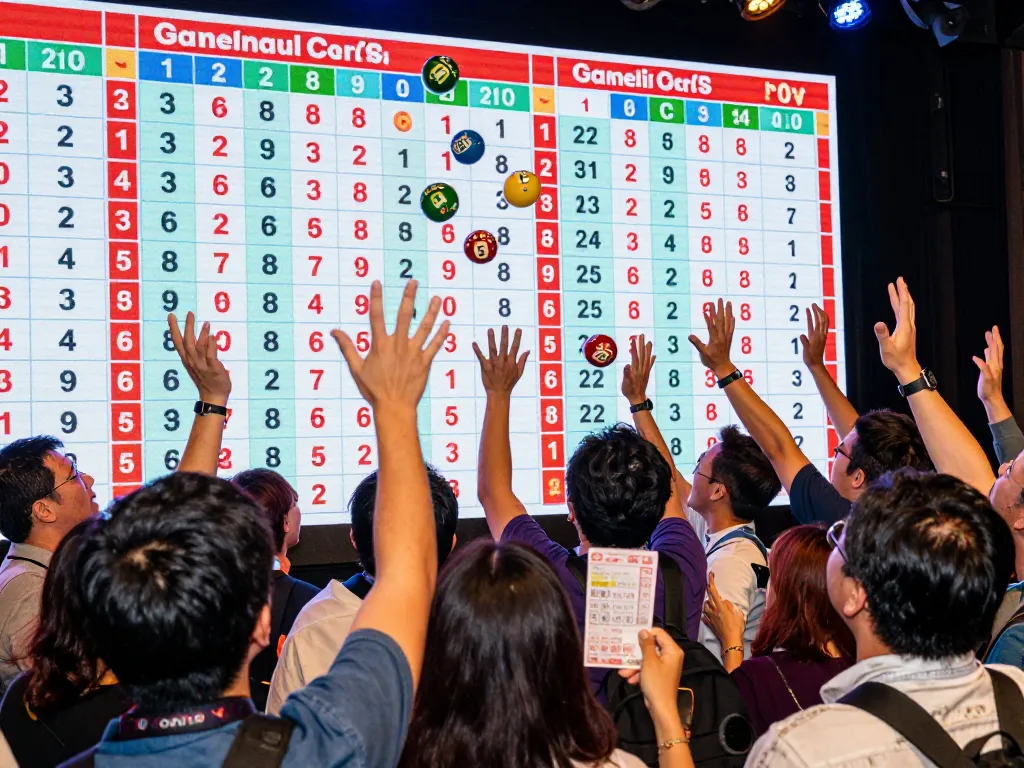 Excited players watching Hongkong Lotto live draw with colorful balls and digital displays.