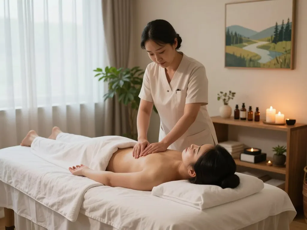 신사동마사지 therapy room with therapist providing soothing care, essential oils, and calming atmosphere.