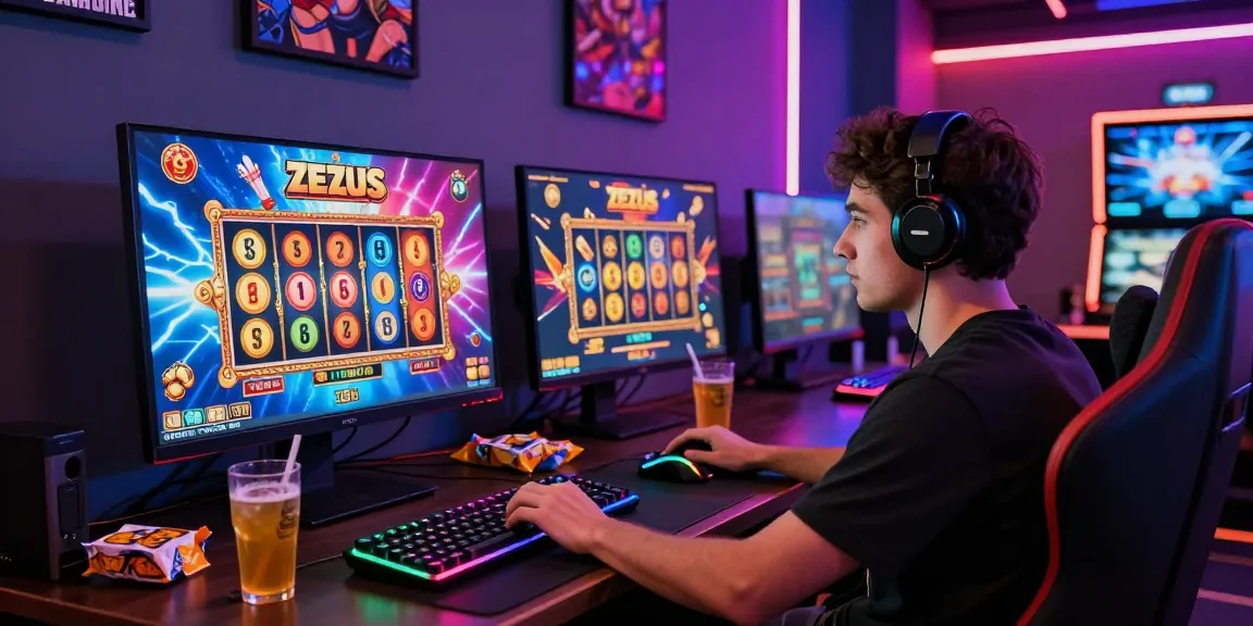Player engaged with Zeus slot game on high-quality display, showcasing vibrant graphics and energy.