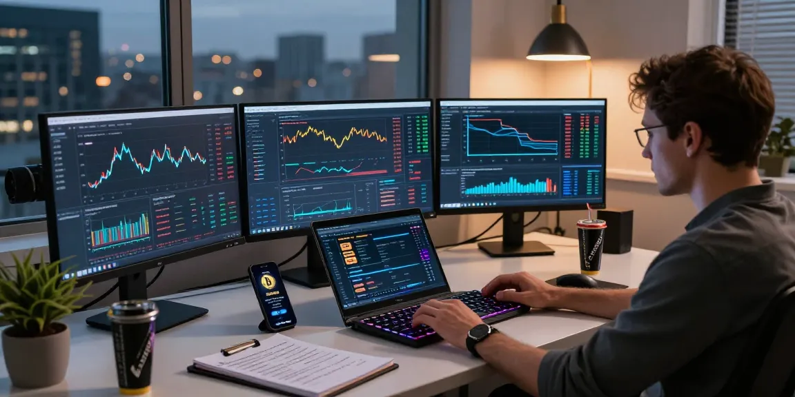 Mining crypto online performance analysis in a modern trading workspace with multiple monitors and a laptop.