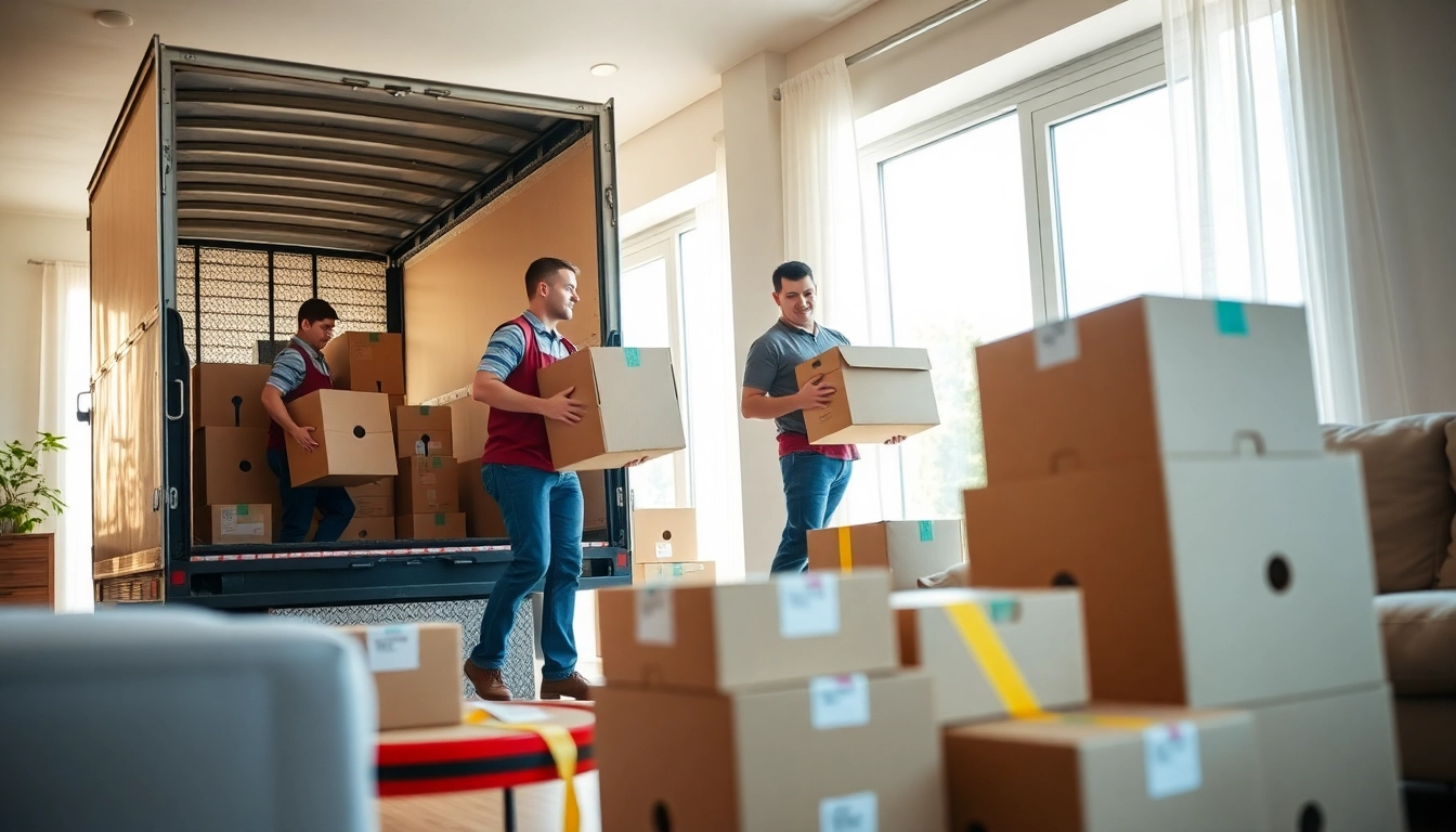 Movers efficiently providing loading and unloading moving services in a bright living room.