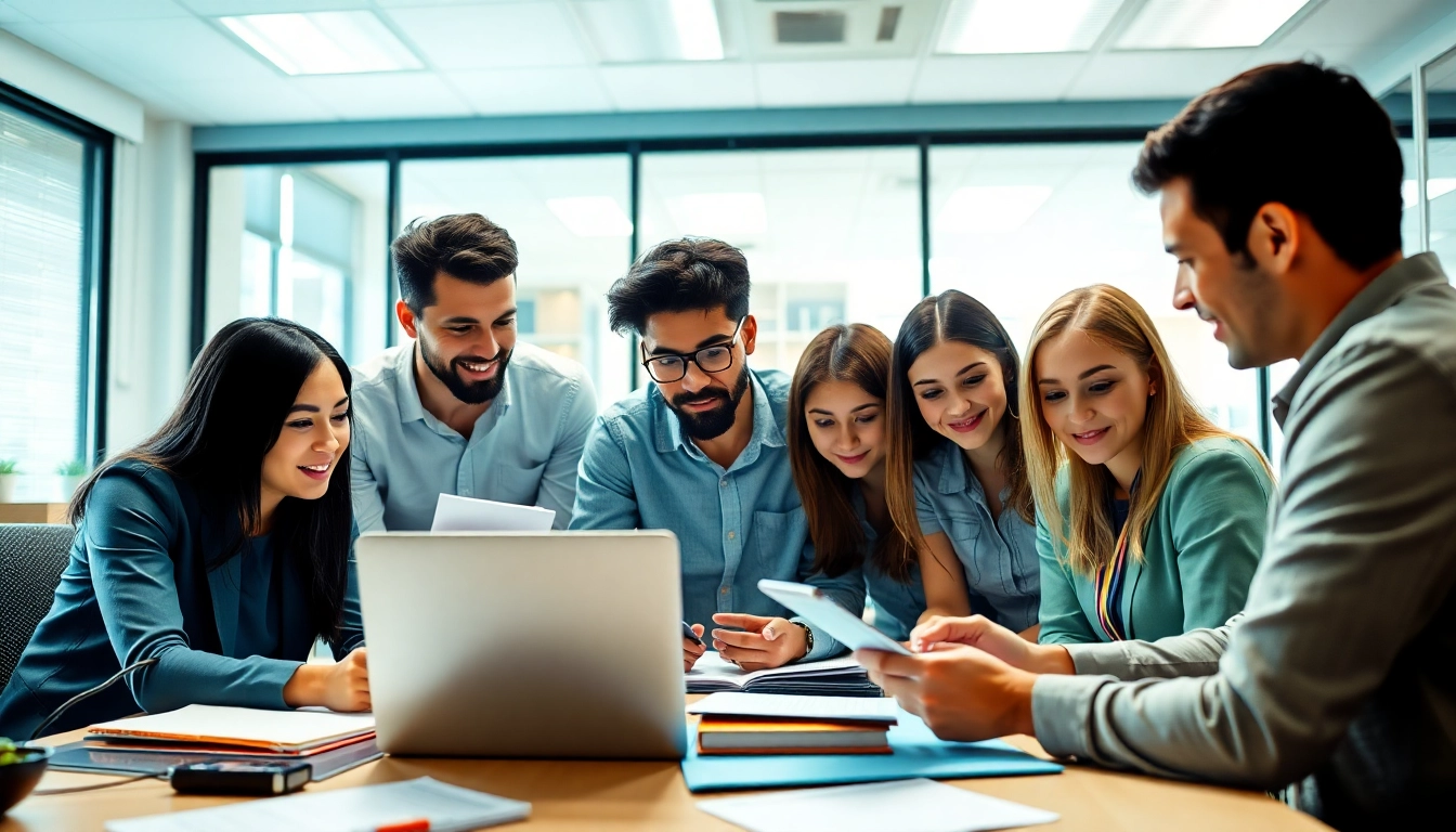 Engaged TOEFL test takers for hire collaborating in a bright, modern study environment.