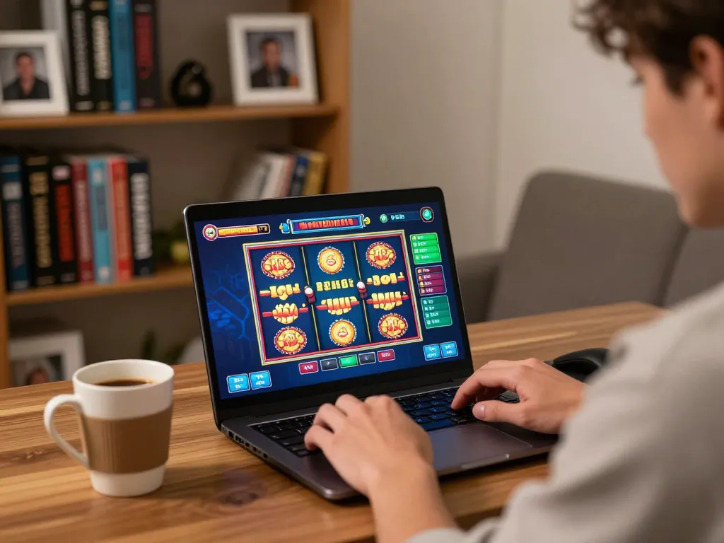 Player explores situs slot gacor while enjoying a cozy home gaming setup, laptop displaying vibrant slot game interface.