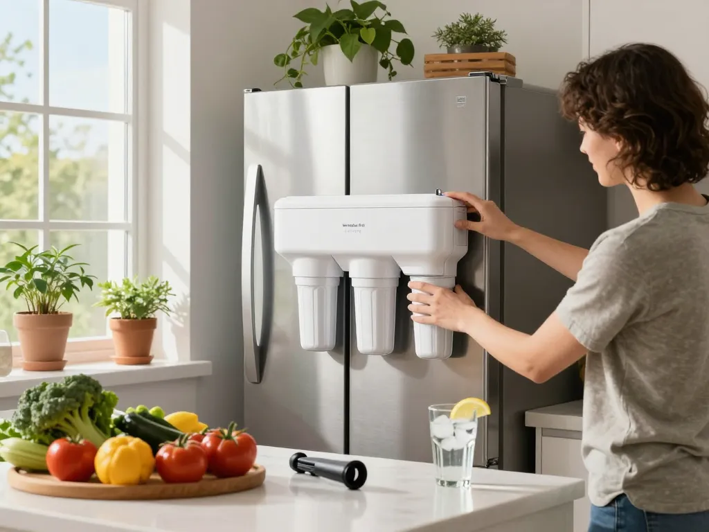 Installing the Waterdrop Plus 8171413 Refrigerator Water Filter in a modern kitchen, enhancing water quality for healthy living.