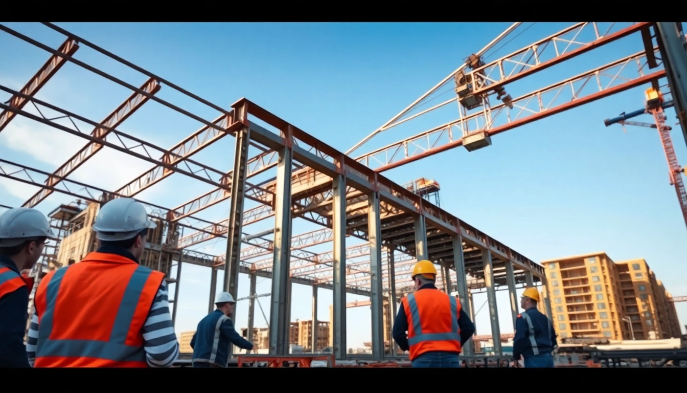 Workers collaborating on structural steel construction, emphasizing teamwork and precision.
