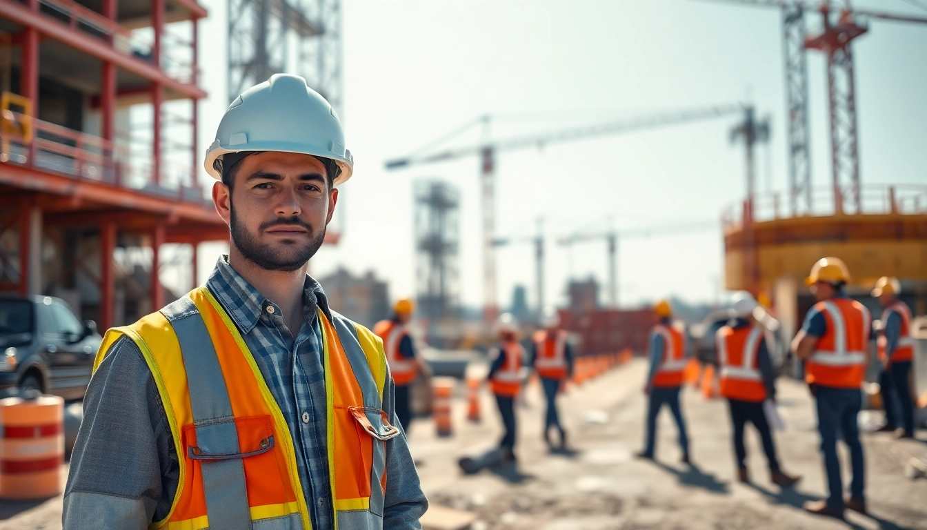 Construction career professional on-site, showcasing teamwork and vibrant energy.