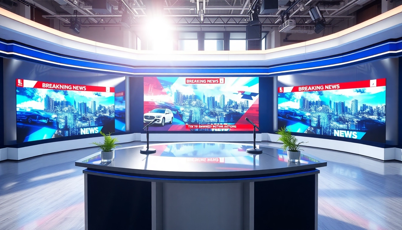 Engaging news studio showcasing vibrant breaking news displays and professional ambiance.