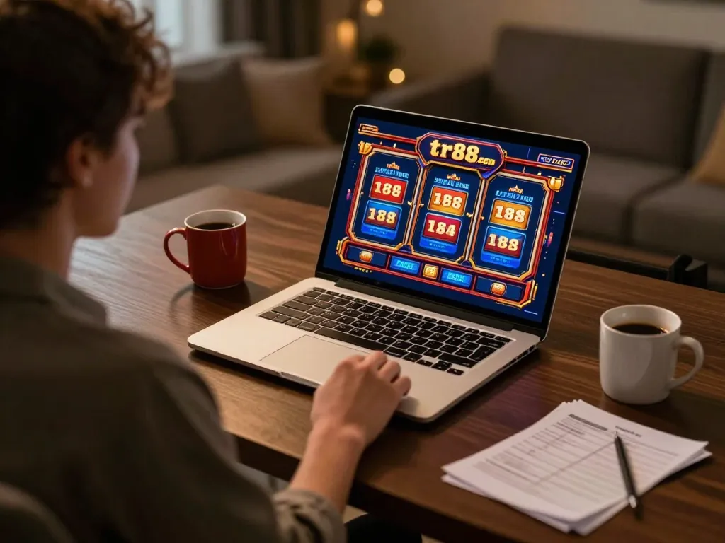 Player engaging with tr88. com online slots at home, creating a strategic gaming environment.