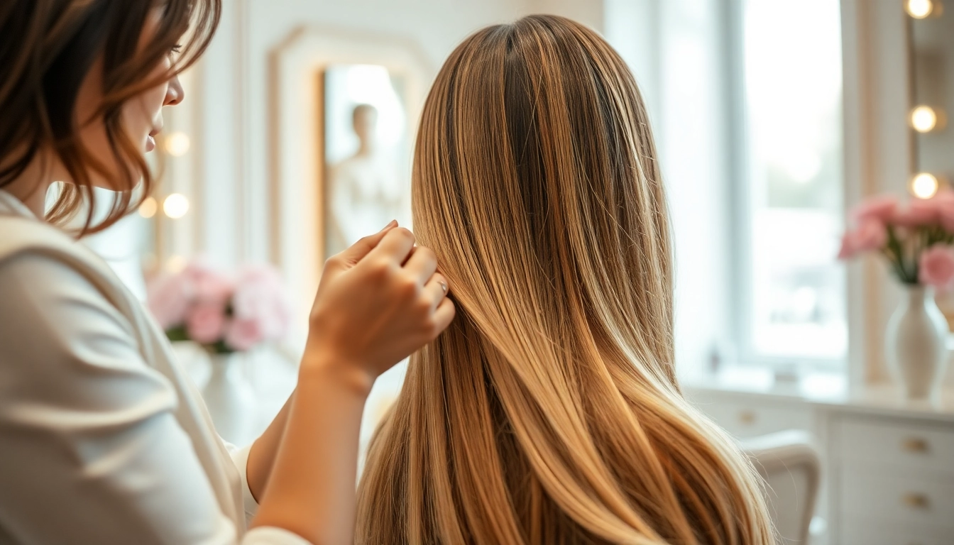 Stylists applying genius weft hair extensions in a luxurious salon setting with a warm atmosphere.